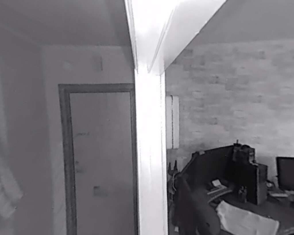 Ett exempel på bild från övervakningssystemet, som helt stals och som Petra Quick försökte få avaktiverat. Endast någon som planerar att ljuga och vilseleda skulle försöka få ett övervakningssystem avstängt. En person som känner sig hotad skulle istället välkomna säkerhetssystemets existens, eftersom det registrerar vad som händer i bostaden. Säkerhetssystemet skyddade dessutom datorutrustning och annan egendom.