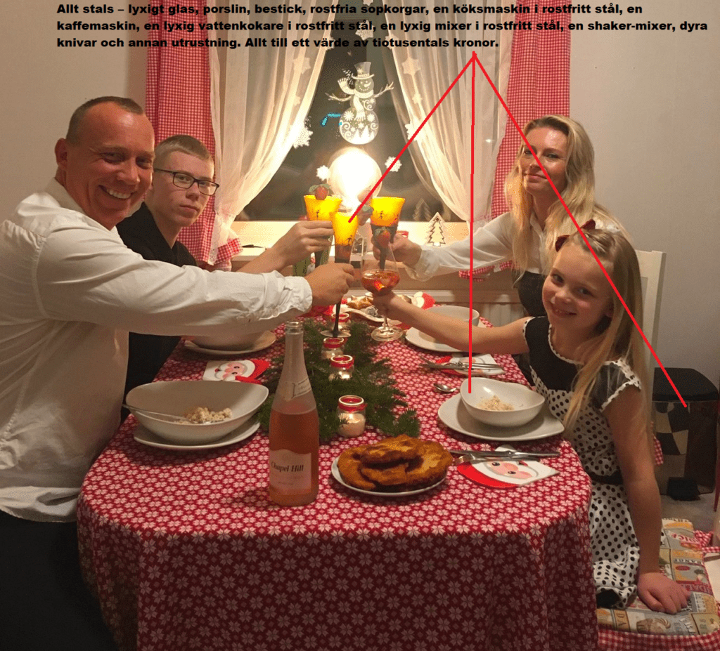 Allt stals – lyxigt glas, porslin, bestick, rostfria sopkorgar, en köksmaskin i rostfritt stål, en kaffemaskin, en lyxig vattenkokare i rostfritt stål, en lyxig mixer i rostfritt stål, en shaker-mixer, dyra knivar och annan utrustning. Allt till ett värde av tiotusentals kronor.